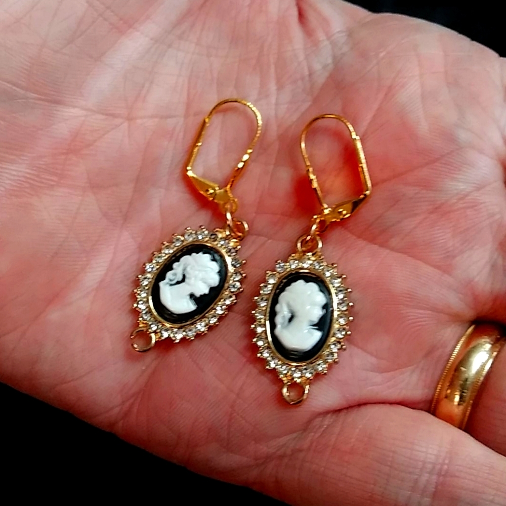 Gold cameo lever back earrings